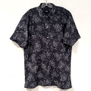 Boss Hugo Boss Linen Blend Shirt Men's Size Large‎ Navy Leaves Short Sleeve